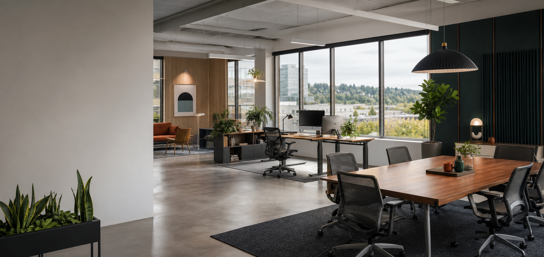 Contemporary Portland office furnished with ergonomic chairs, desks, and a conference table